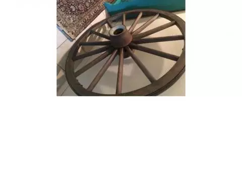 Antique Homesteader's Solid Oak Wagon Wheel with Metal Hub
